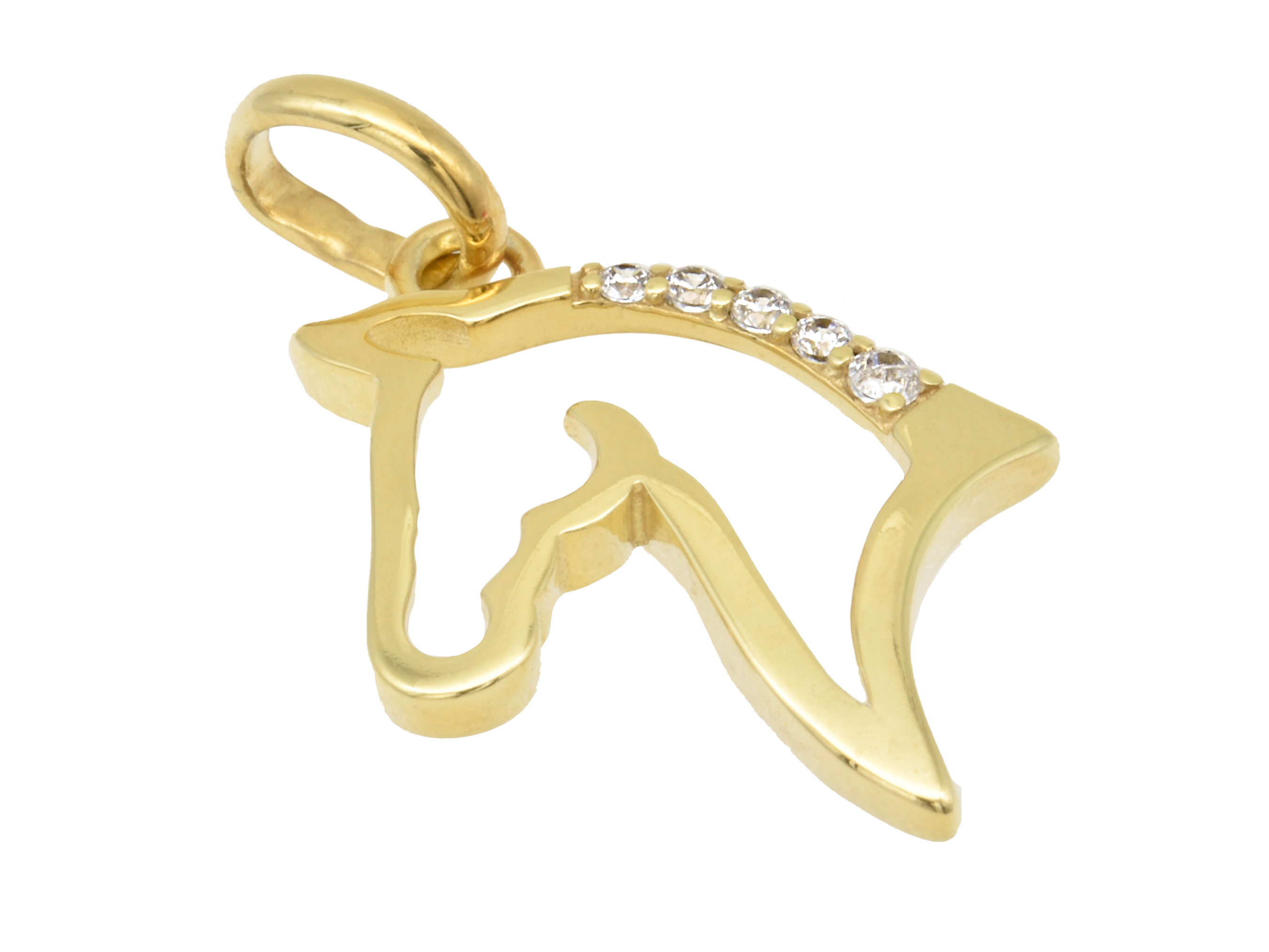 Silber Anhänger in Form eines Pferdekopfes, vergoldet und poliert, mit Zirkonia verziert, hergestellt von Juwelier Harnisch, geeignet für Tierliebhaber.