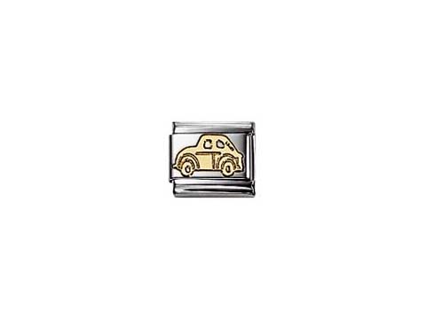 Goldenes Autoelement von Nomination in klassischem Design, geeignet für Armbänder, mit stilisierter Abbildung eines Fahrzeugs auf silbernem Hintergrund.