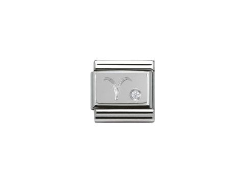 Silberner Charm von Nomination mit dem Sternzeichen Widder und Zirkonia, elegant gestaltet, ideal für eine modische Armbandkollektion.