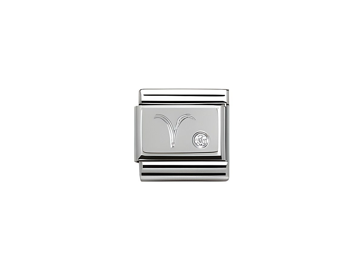 Silberner Charm von Nomination mit dem Sternzeichen Widder und Zirkonia, elegant gestaltet, ideal für eine modische Armbandkollektion.