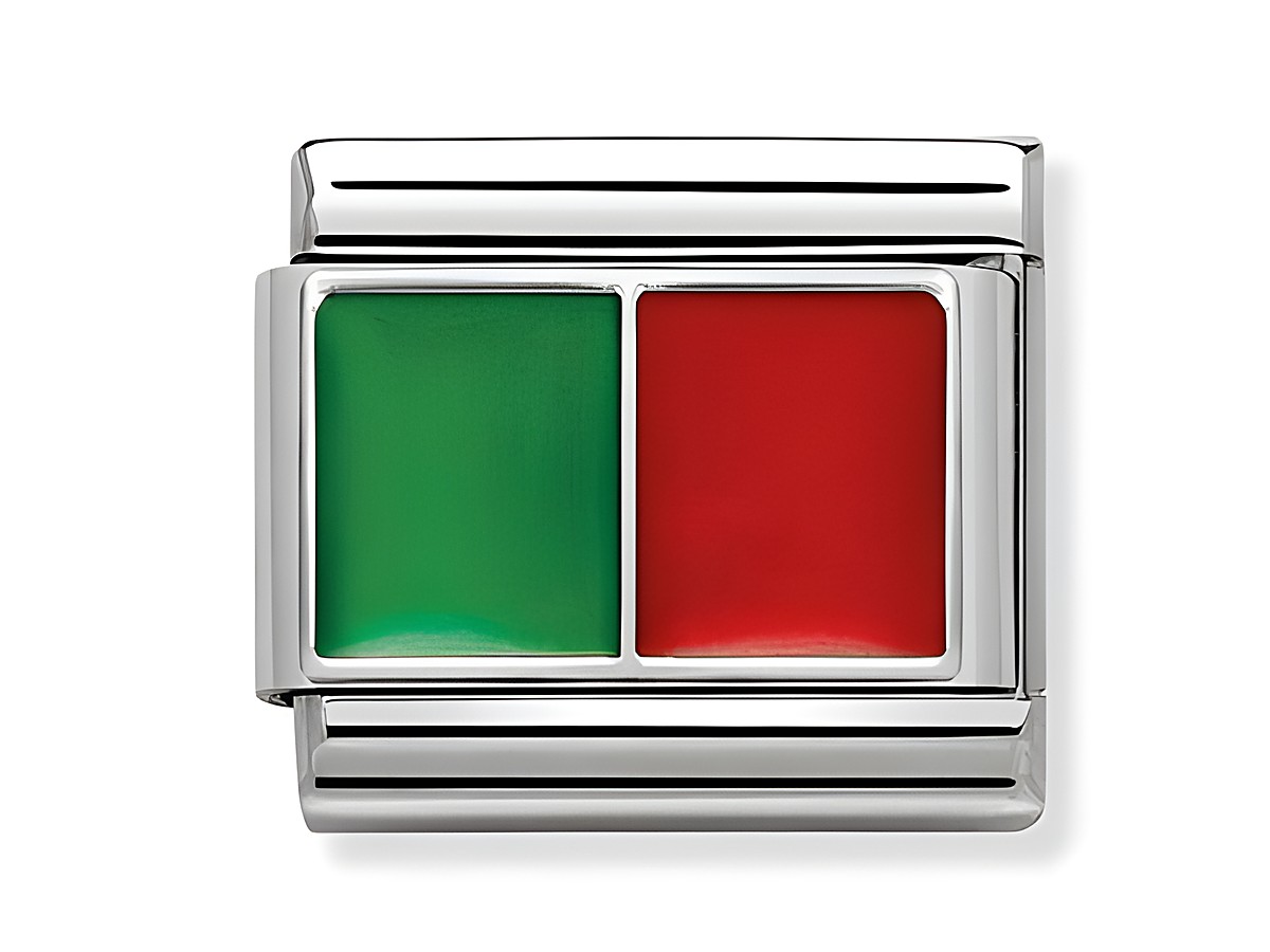 Stilvolles Composable Classic Symbol aus Edelstahl mit Emaille in grün-rot, flaggenförmiges Design, ideal für Schmuckliebhaber und als Teil einer eleganten Armbandkollektion.