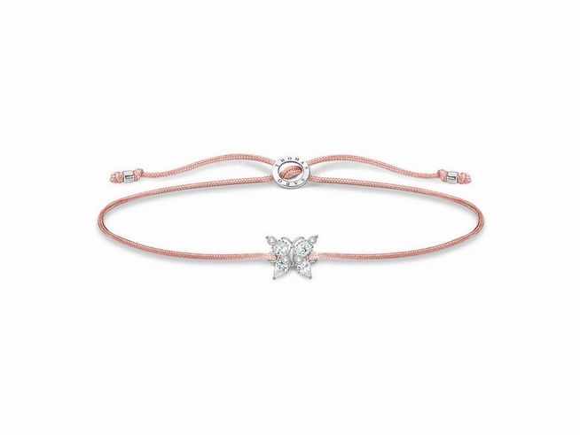 Thomas Sabo Schmetterling Armband aus Sterling Silber und Nylon mit beigem Zirkonia, verstellbar von 13 bis 20 cm, elegantes Design in sanften Farben.