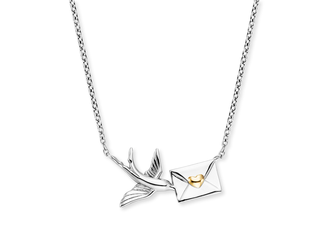 Engelsrufer ERN-LETTER-BIRD-BIG Liebe schenken Kette Letter Bird Bicolor - Gelbgold Verg. auf Silber 40 cm Kette mit Anhänger in Form eines Vogels, der einen Brief mit einem herzförmigen, gelbgoldenen Detail trägt. Die Kette ist aus Silber und hat eine Länge von 40 cm.