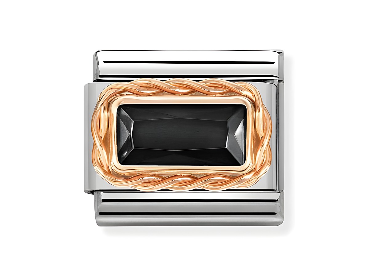 Ein eleganter Roségold Classic Charm aus Edelstahl mit einer hochwertigen Roségoldauflage und einem schwarzen Zirkonia-Steineinsatz in rechteckiger Form, ideal für die Ergänzung einer Armbanduhr oder eines Schmuckstücks.