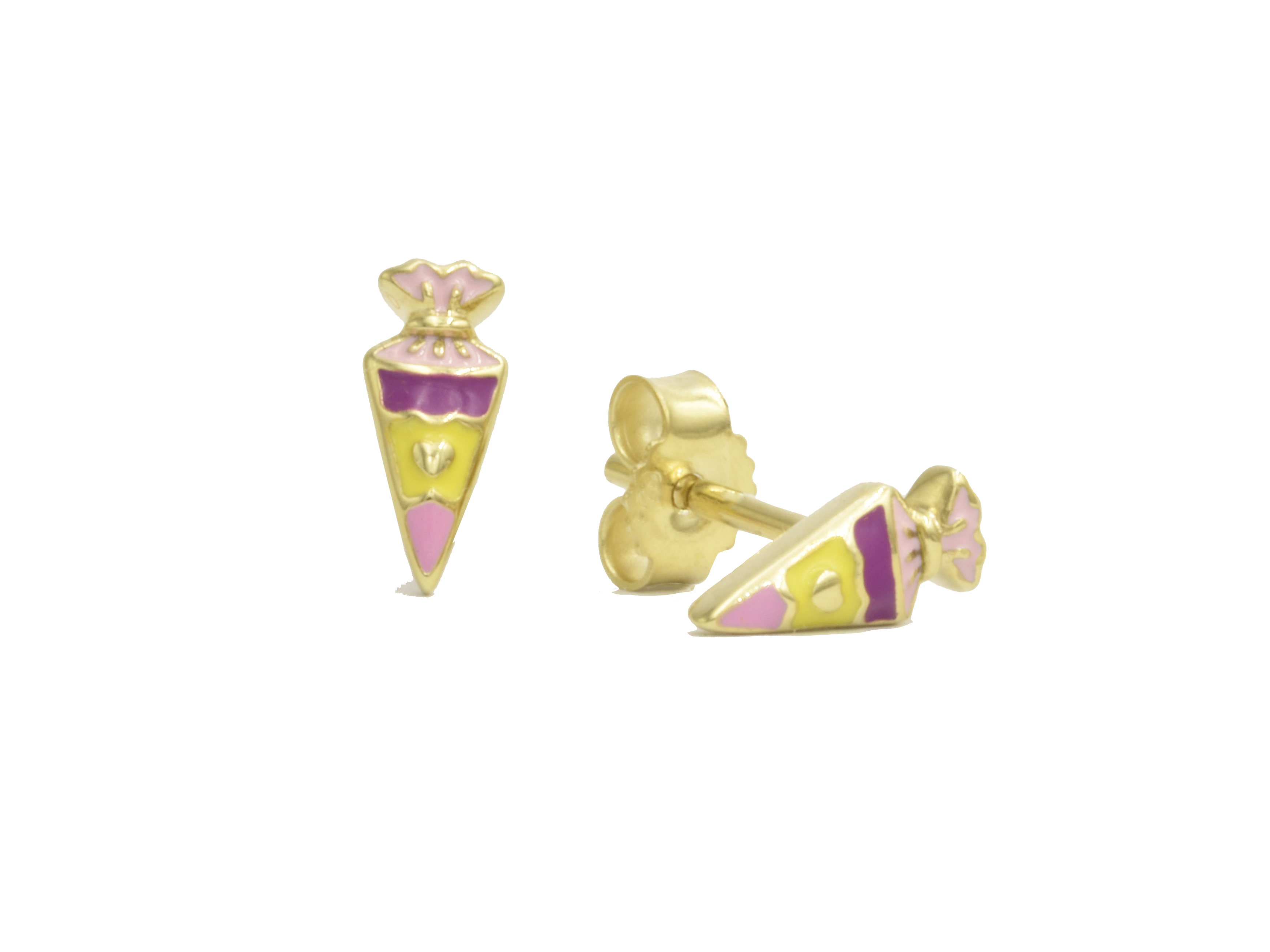 Ohrstecker in Form einer Schultüte aus poliertem Gelbgold 585 mit buntem Lack in Rosa, Gelb und Lila, ideal für Kinder, hergestellt von Juwelier Harnisch.