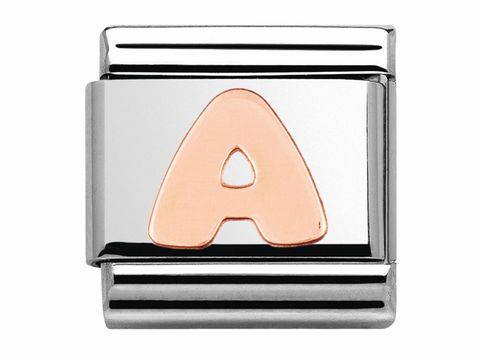 Buchstabe A aus Roségold auf silbernem Hintergrund, hergestellt von Nomination, geeignet für das Classic Armband, Modellnummer 430105 01.