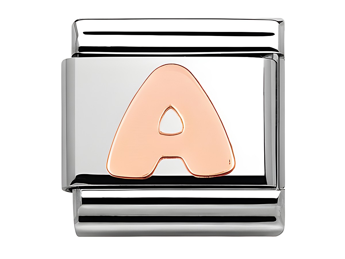 Buchstabe A aus Roségold auf silbernem Hintergrund, hergestellt von Nomination, geeignet für das Classic Armband, Modellnummer 430105 01.