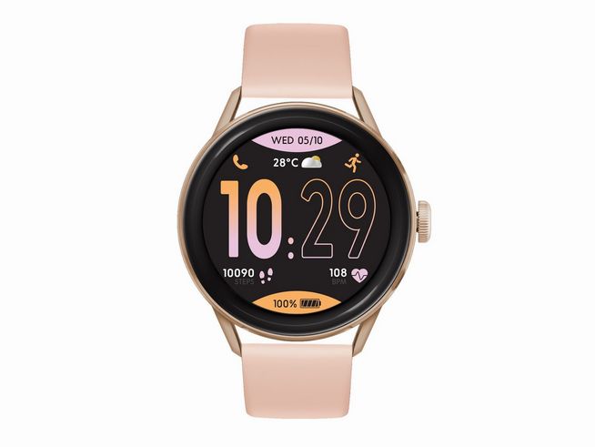 Ice Watch Smartwatch Modell 023068 in Roségold mit nudefarbigen Armband zeigt ein modernes Display mit Uhrzeit, Schrittzahl und Gesundheitsdaten in einem eleganten Design.