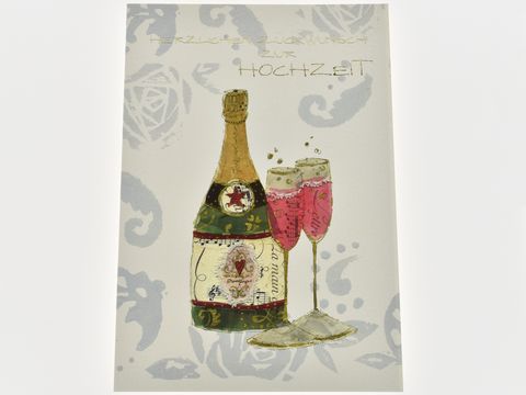 Eine Hochzeitskarte mit einer abgebildeten Sektflasche und zwei Gläsern, verziert in einem eleganten Design. Hersteller ist Juwelier Harnisch, Hochzeitskarten.