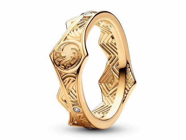 Crown Ring von Pandora in Gelbgold Vergoldung, inspiriert von Game of Thrones House of the Dragon, mit zarten Zirkonia und aufwendigem Muster, Größe 58.