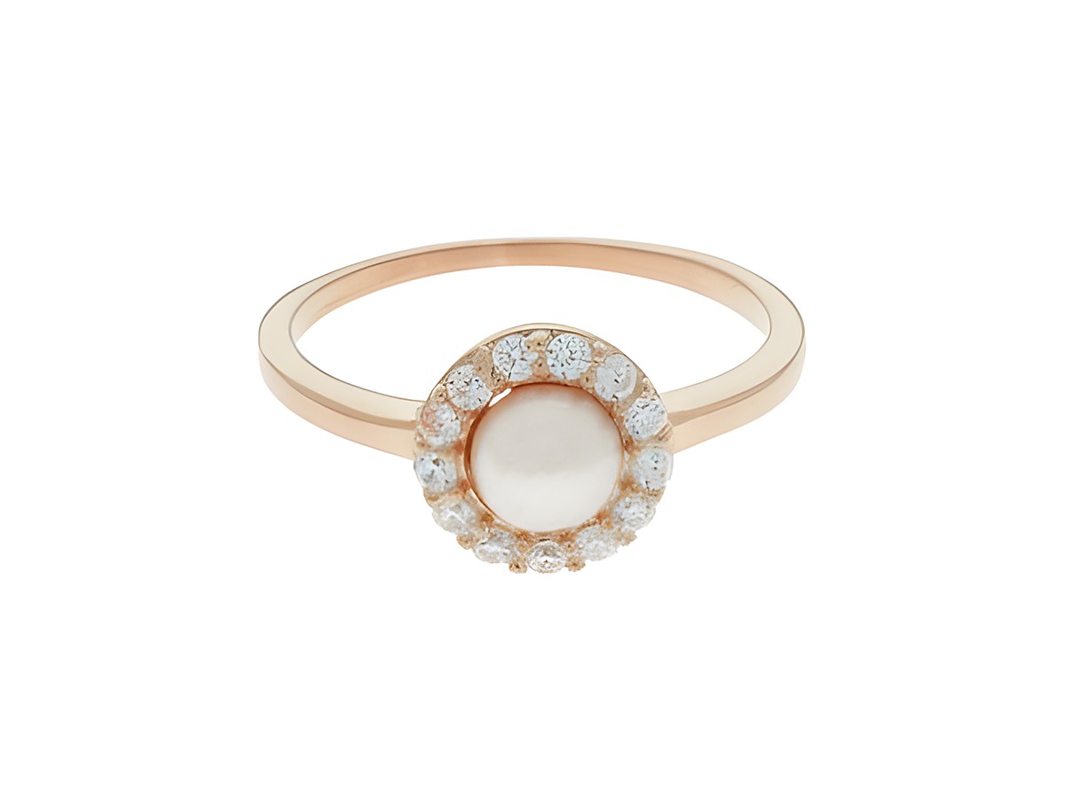 Ring mit einer Perle in der Mitte, umgeben von einem Roségoldrahmen und funkelnden Steinchen, klassisch designt, Größe 56, Hersteller Juwelier Harnisch, bis Größe 56/17,8.