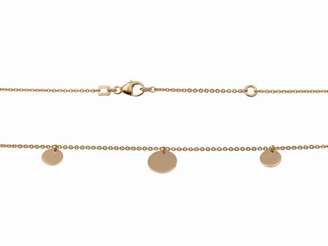 Kette Plättchentrio in Silber, Roségold und vergoldet, mit drei plättchenförmigen Anhängern, Länge 42 cm und 45 cm, Hersteller Juwelier Harnisch, elegantes Design für jeden Anlass.