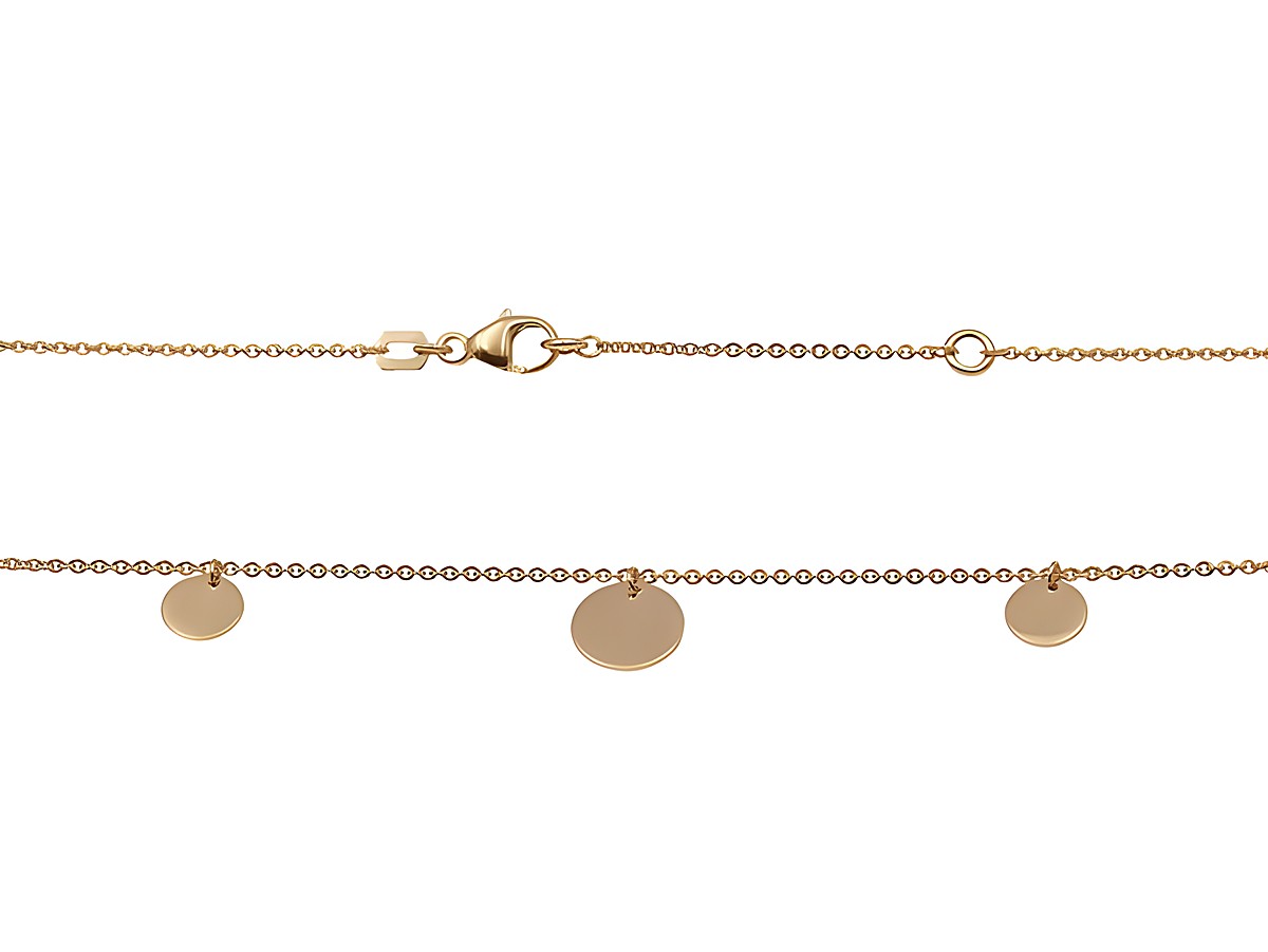 Kette Plättchentrio in Silber, Roségold und vergoldet, mit drei plättchenförmigen Anhängern, Länge 42 cm und 45 cm, Hersteller Juwelier Harnisch, elegantes Design für jeden Anlass.