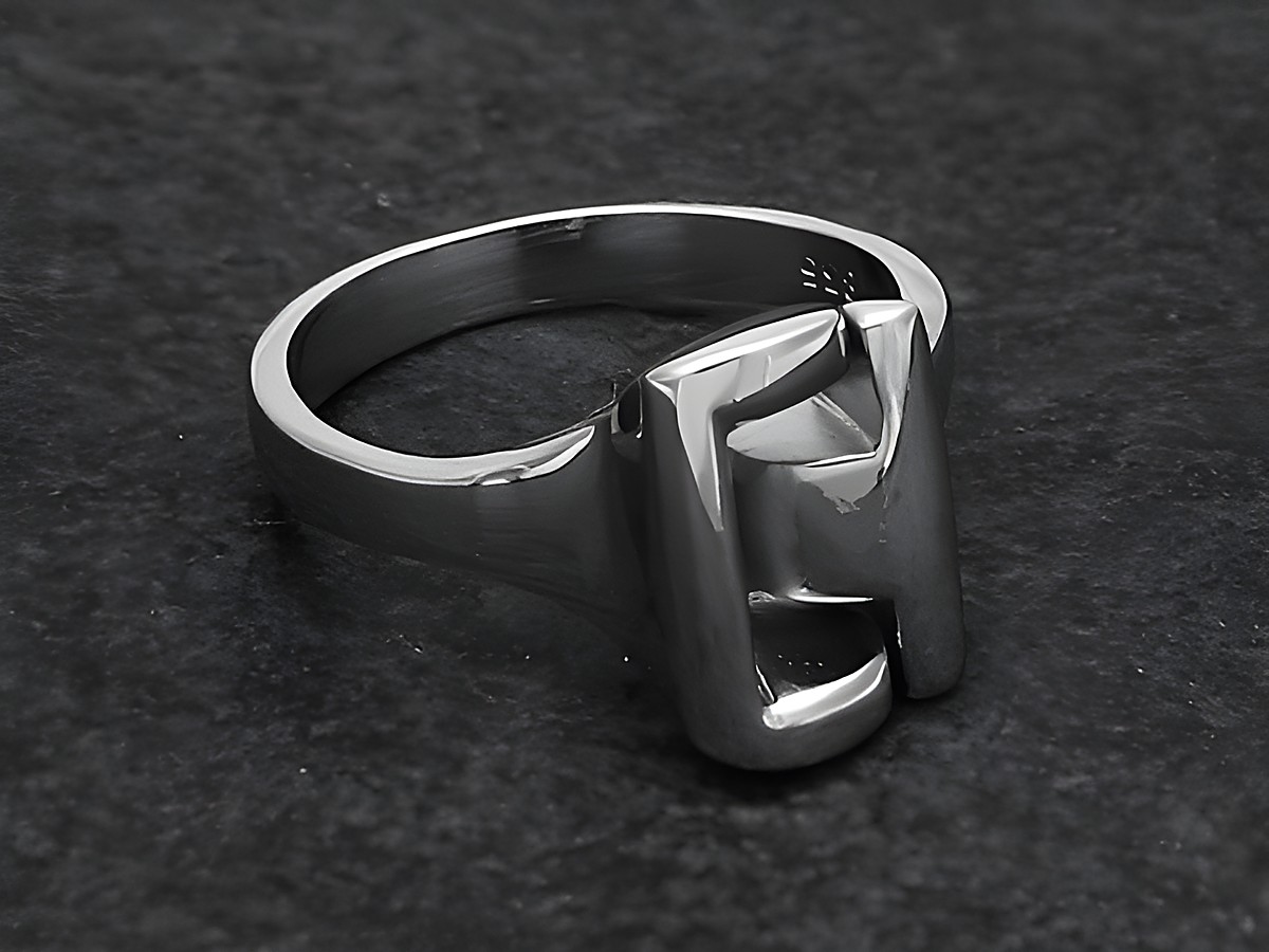 Silberring rho modern in wenig verstellbarer Größe, aus rhodiniertem Metall, ohne Stein, vom Hersteller Juwelier Harnisch, mit ausgefallenem Design.