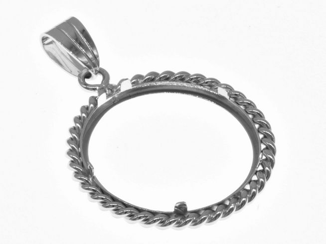 Münzfassung Anhänger aus rhodiniertem 925 Sterling Silber mit Kordel-Design, geeignet für Münzen bis 2,5 cm Durchmesser, Hersteller Juwelier Harnisch.