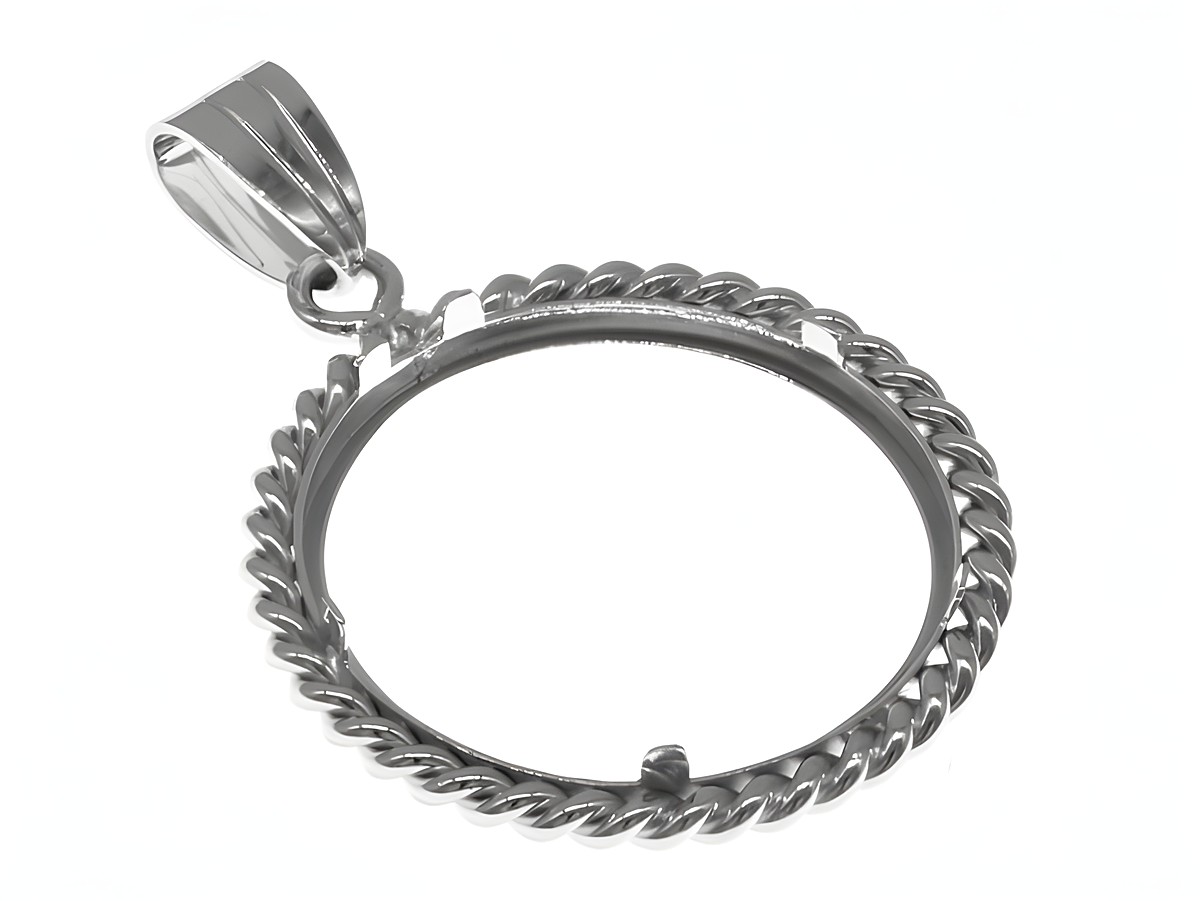 Münzfassung Anhänger aus rhodiniertem 925 Sterling Silber mit Kordel-Design, geeignet für Münzen bis 2,5 cm Durchmesser, Hersteller Juwelier Harnisch. – Ansicht 3