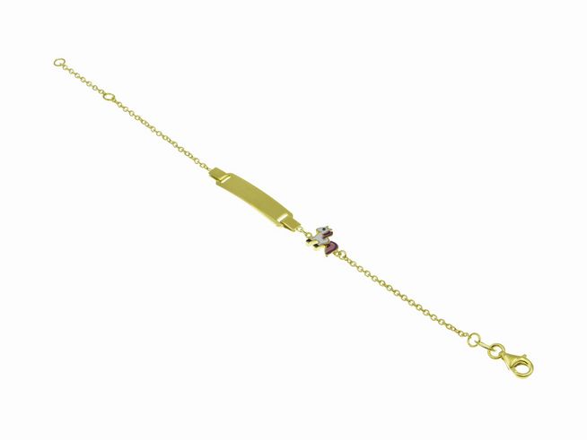 Ein gravierbares Gravurarmband mit einem Einhornmotiv, aus Gelb vergoldetem Sterling Silber, erhältlich in 14cm und 16cm, ideal für Kinder, Hersteller Juwelier Harnisch.