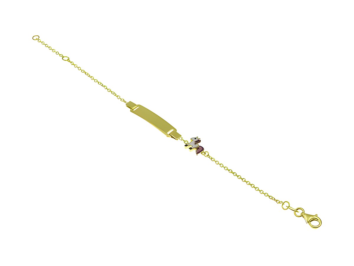 Ein gravierbares Gravurarmband mit einem Einhornmotiv, aus Gelb vergoldetem Sterling Silber, erhältlich in 14cm und 16cm, ideal für Kinder, Hersteller Juwelier Harnisch.