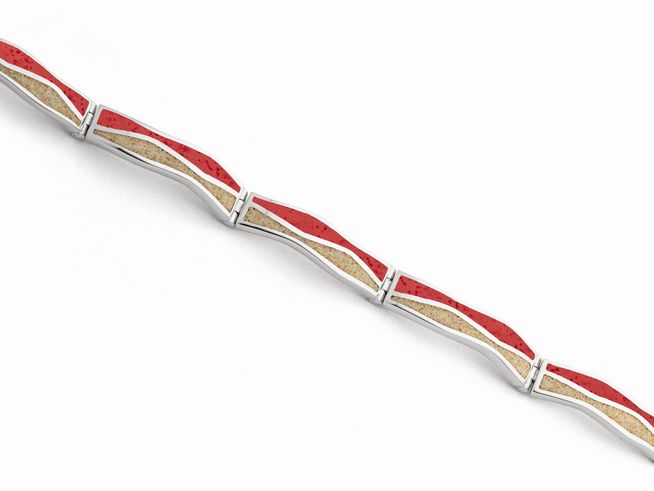 Rhodiniertes Sterling Silberarmband von DUR mit Strandsand und Mosaikkoralle in rot und beige, Länge 20,5 cm, elegantes Design für jeden Anlass.