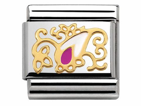 Edelstahl Charm in Silber mit goldfarbenem, floralem Design und tropfenförmigen Elementen in Weiß und Fuchsie, perfekt für das Nomination Armband PIZZO + CASHMERE.