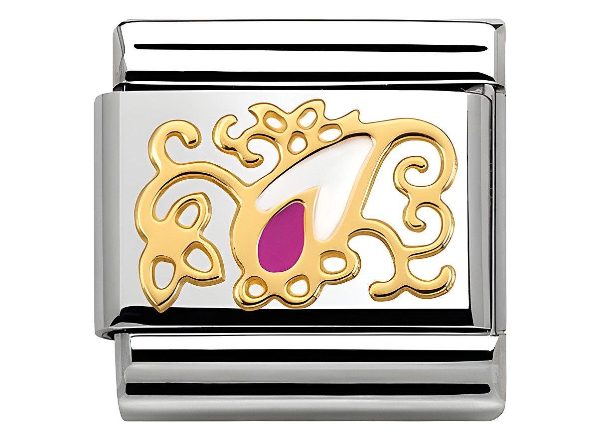 Edelstahl Charm in Silber mit goldfarbenem, floralem Design und tropfenförmigen Elementen in Weiß und Fuchsie, perfekt für das Nomination Armband PIZZO + CASHMERE.