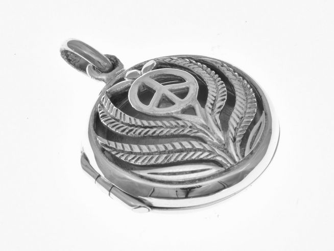 Medaillon in rundem Design aus Sterling Silber mit einem Peace-Symbol und stilisierten Blättern, Hersteller Juwelier Harnisch, attraktives Schmuckstück für Symbolik des Friedens.