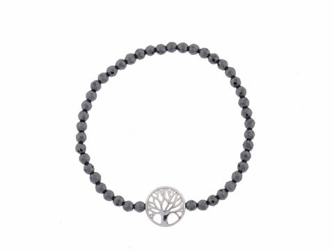 Silber Armband mit Lebensbaum aus rhodiniertem Edelstahl, Hämatit anthrazit und Gummizug, Durchmesser 18 cm, Hersteller: Juwelier Harnisch, mit Stein.