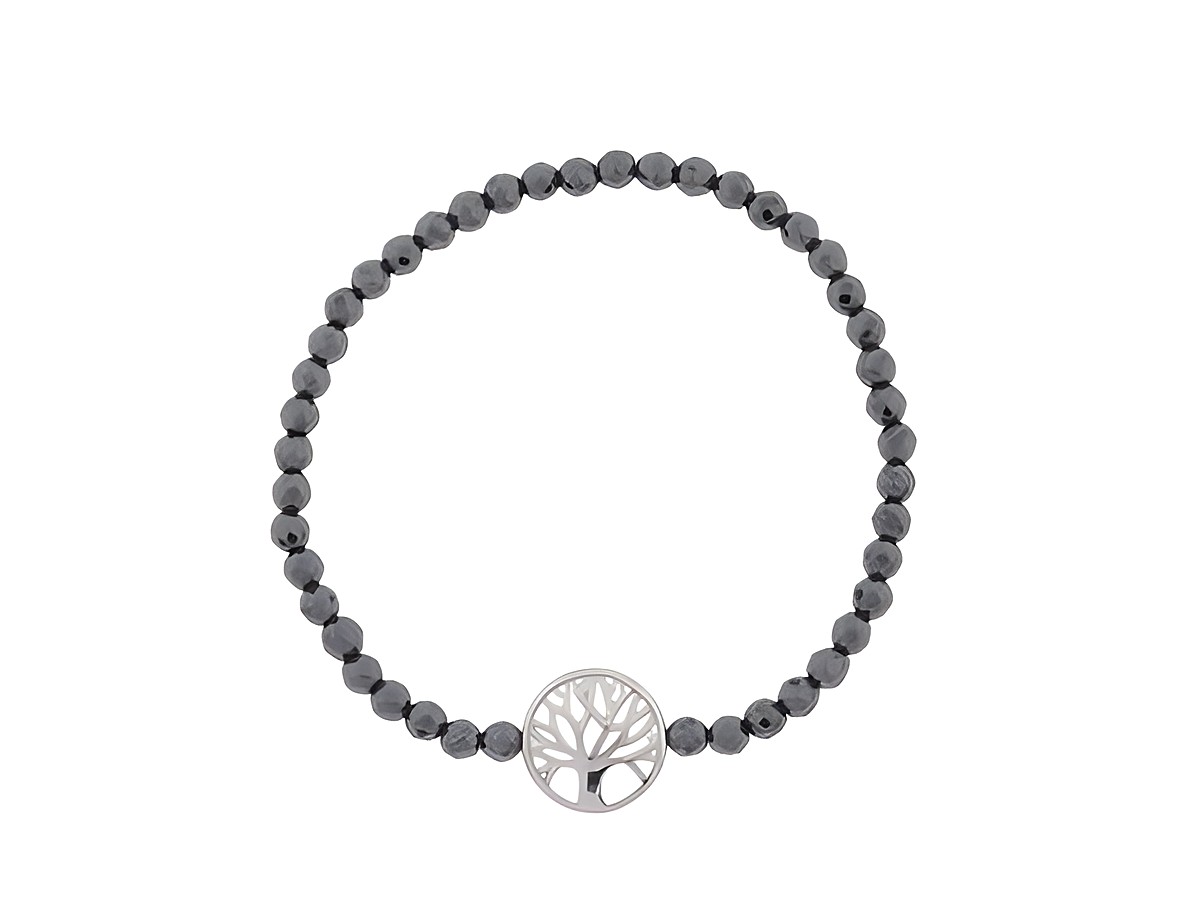 Silber Armband mit Lebensbaum aus rhodiniertem Edelstahl, Hämatit anthrazit und Gummizug, Durchmesser 18 cm, Hersteller: Juwelier Harnisch, mit Stein.