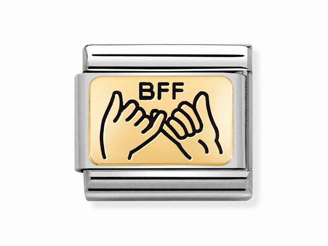 Edelstahl und Gelbgold BFF Platten mit zwei Händen, die einen Schwur machen, eingraviert mit dem Schriftzug BFF, ideal für Freundschaftsbänder.
