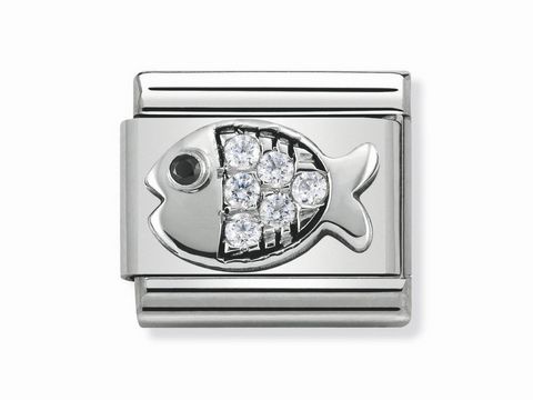 433030428-0 Fisch mit Zirkonia in Weiß aus Silber von Nomination, Silvershine Motiv, glänzendes Design mit sieben funkelnden Zirkonia als Augen und Schuppen im Fischkörper.