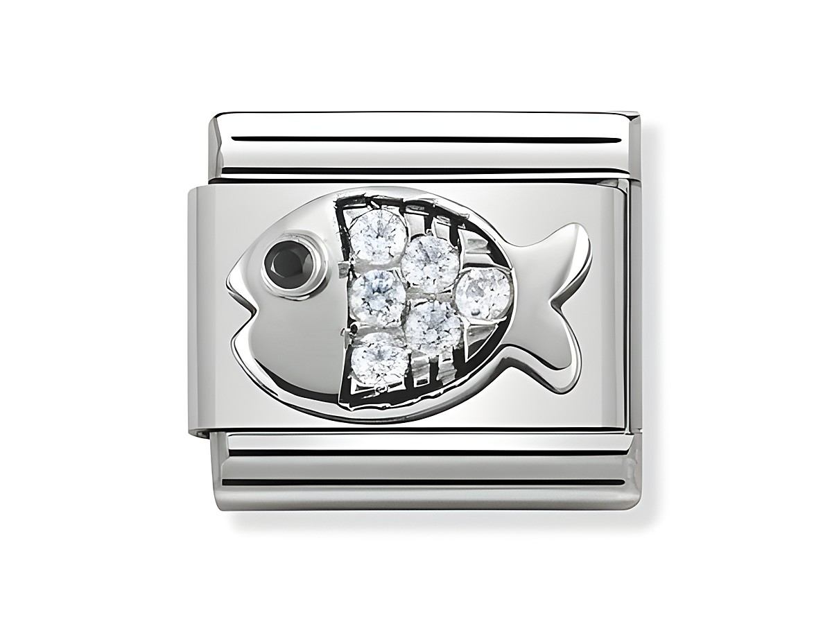 Fisch mit Zirkonia in Weiß aus Silber von Nomination, Silvershine Motiv, glänzendes Design mit sieben funkelnden Zirkonia als Augen und Schuppen im Fischkörper.