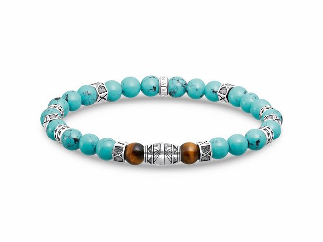 Silbernes Armband von Thomas Sabo mit geschwungenen Elementen,kombiniert mit imitiertem Türkis und Tigerauge, Länge 15,5 cm,multipler Schmuckstil für elegante Anlässe.