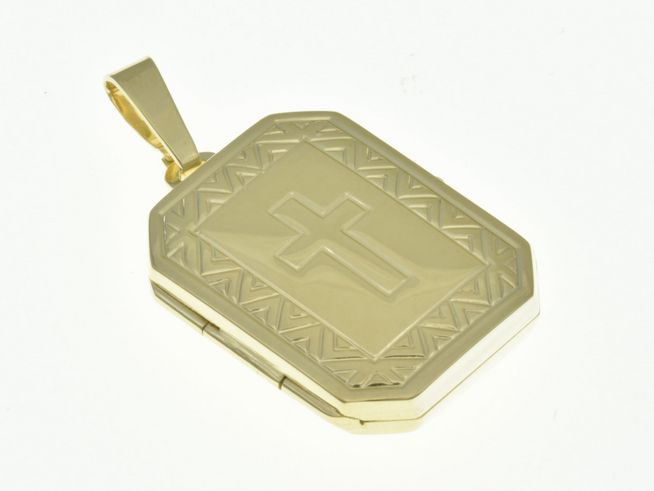 Medaillon rechteckig aus Sterling Silber in Gelbgold vergoldet teilmattiert mit Kreuz, Hersteller Juwelier Harnisch, vergoldet Gelbgold.