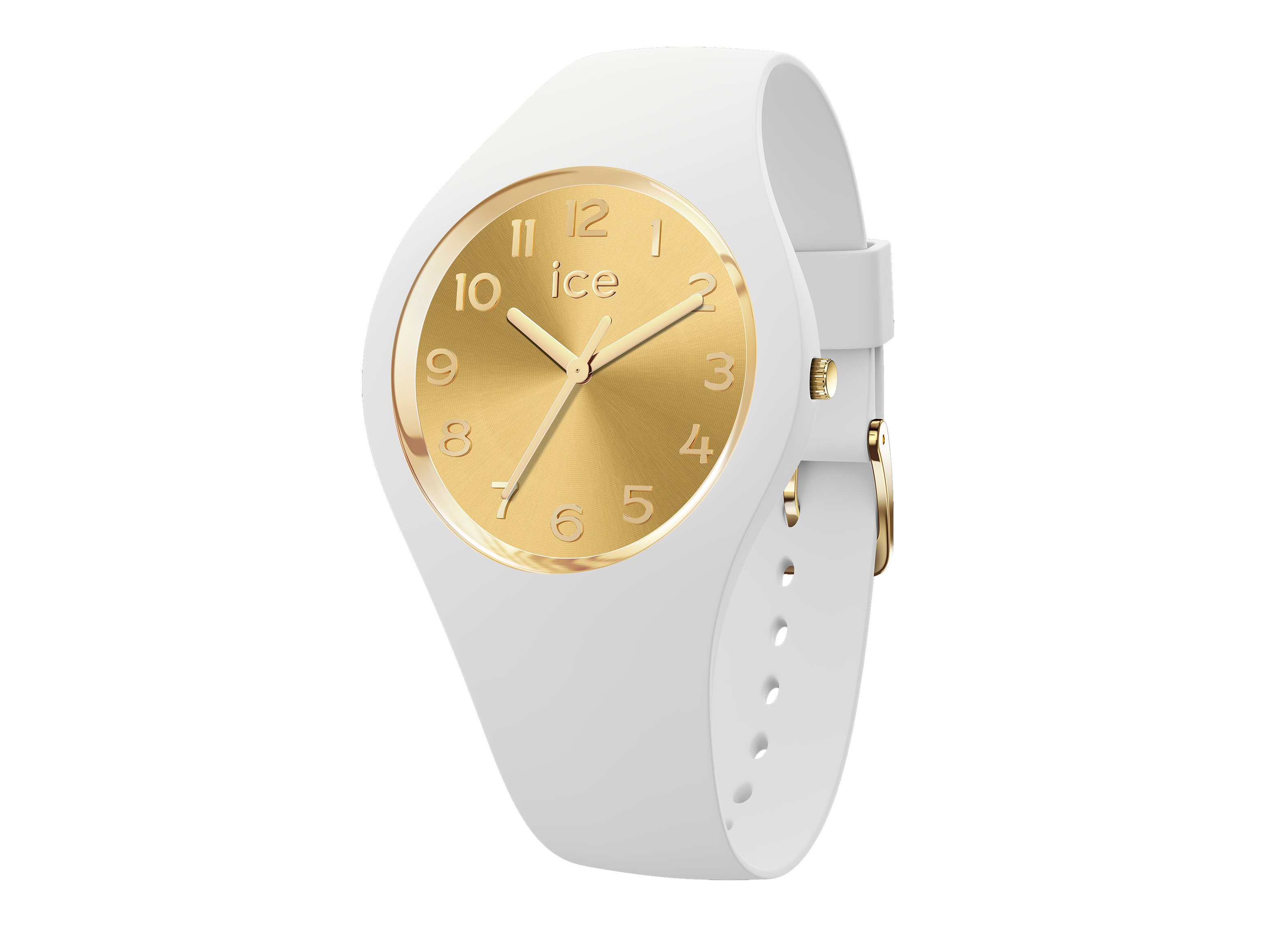 ICE glam White chic Small Uhr mit goldenem Ziffernblatt und weißen Silikonarmband, Hersteller Ice watch, Neuheiten. Elegant und modern für jeden Anlass.