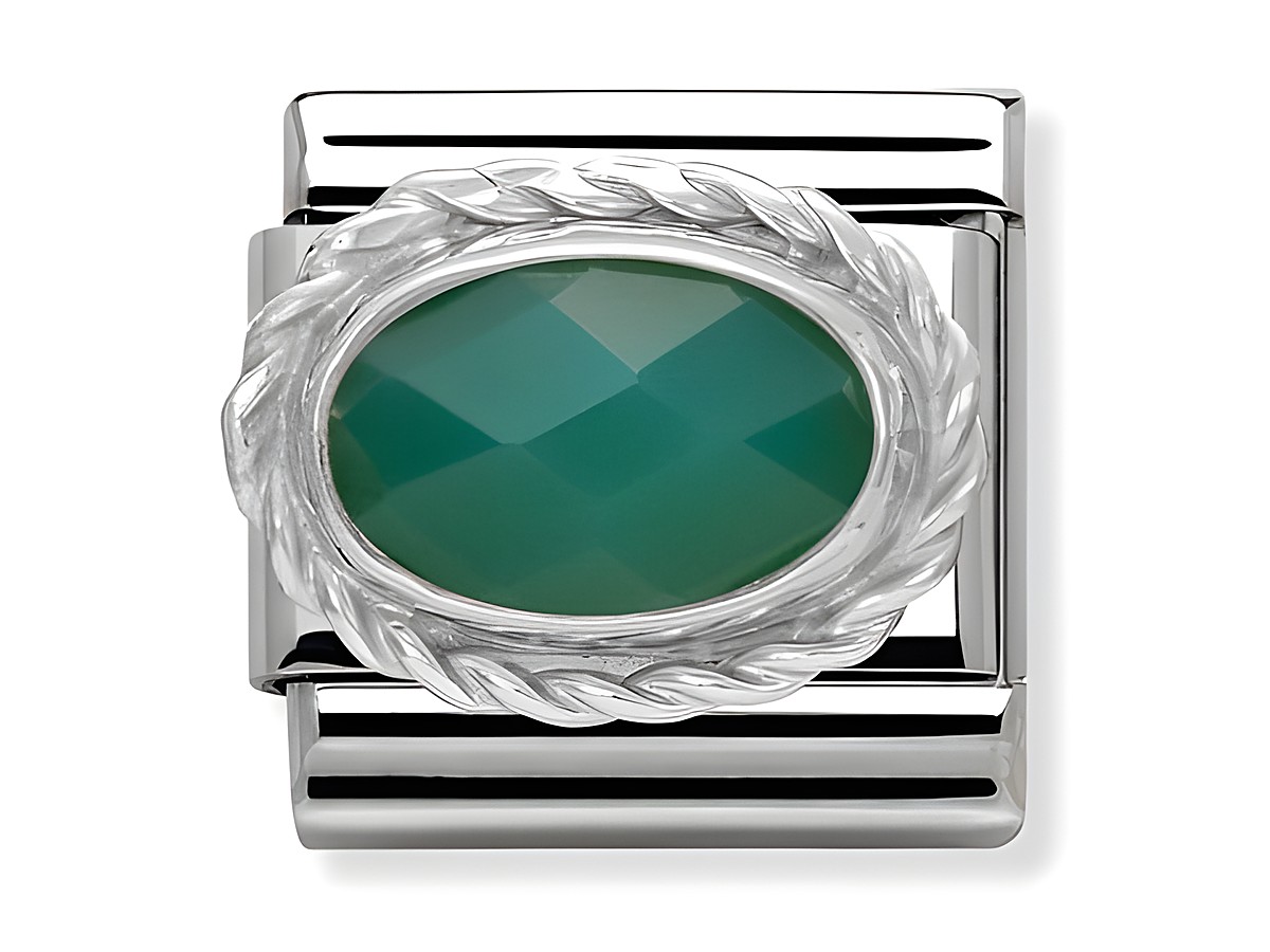 Kordelrand Charm in Achat Grün von Nomination mit Silvershine Steinen, ovaler grüner Edelstein in facettierter Optik, ideal für individuelle Armbänder.