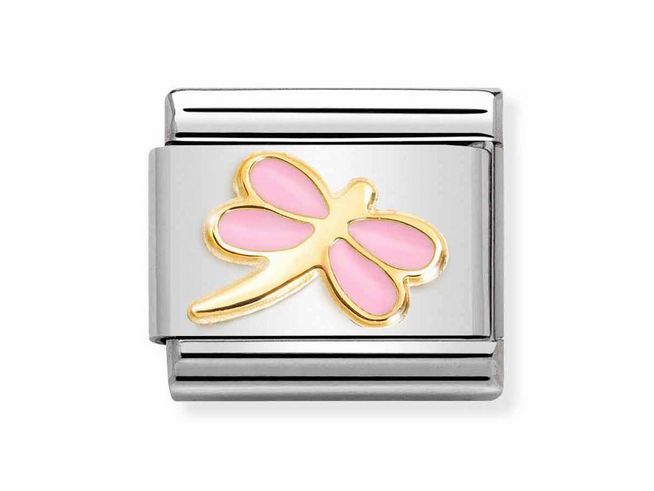 Edelstahlarmband mit emaillierter Libelle in Rosa, verziert mit Goldakzenten, hochwertiges Design von Nomination, ideal für stilvolle Akzente im Schmuck.
