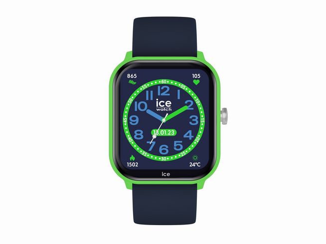 50441405-0 Ice Watch Smartwatch Uhr 022790 smart junior 2.0 ICE Green Blue mit 1.75 Zoll Display, grün-blauer Rahmen, runden Ziffern und verschiedenen Funktionen wie Datum und Temperatur.
