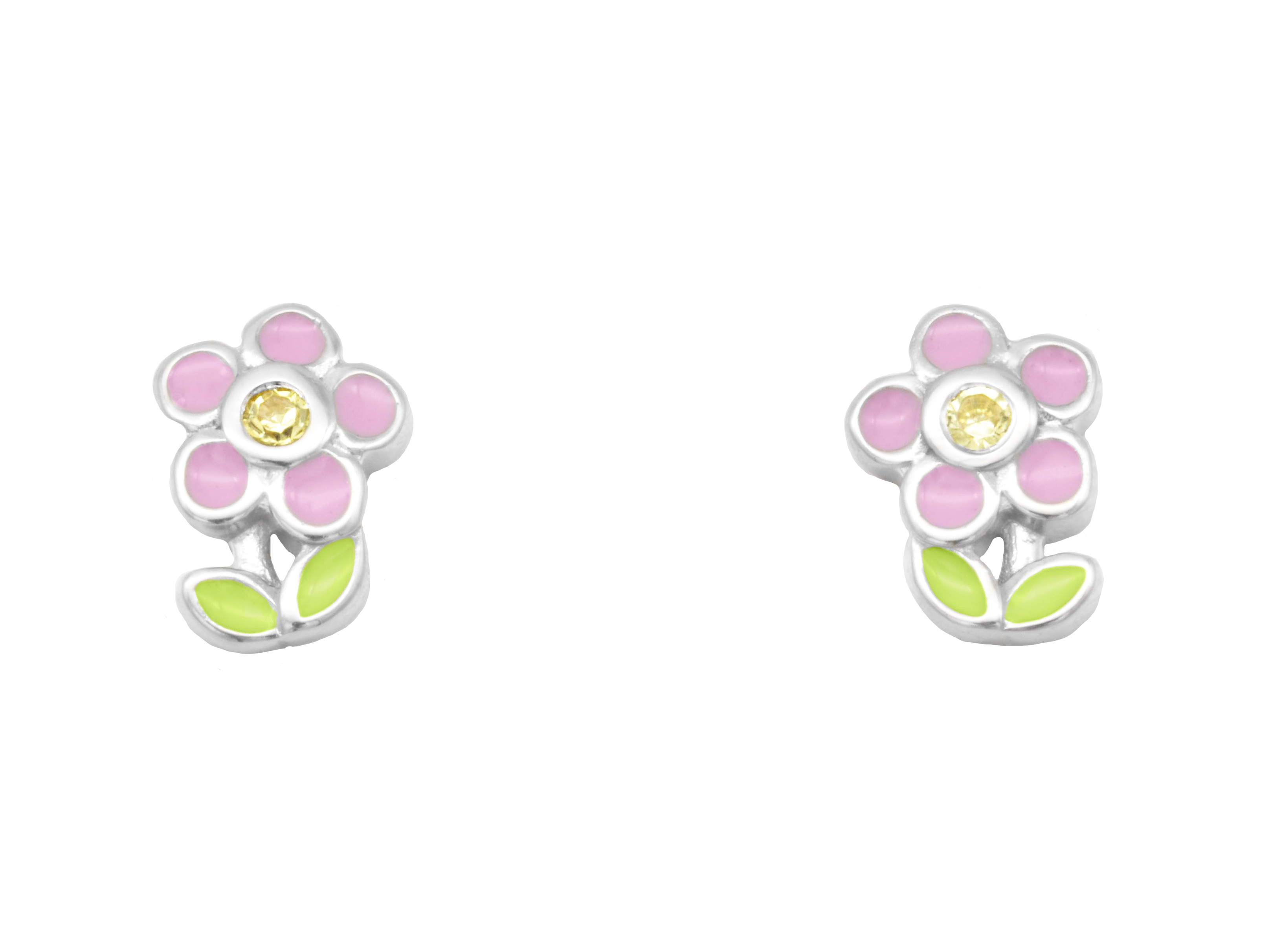 Ohrstecker in Blumenform aus rhodiniertem Sterling Silber mit pinkem und grünem Lack sowie einem gelben Schmuckstein für Kinder, hergestellt von Juwelier Harnisch.