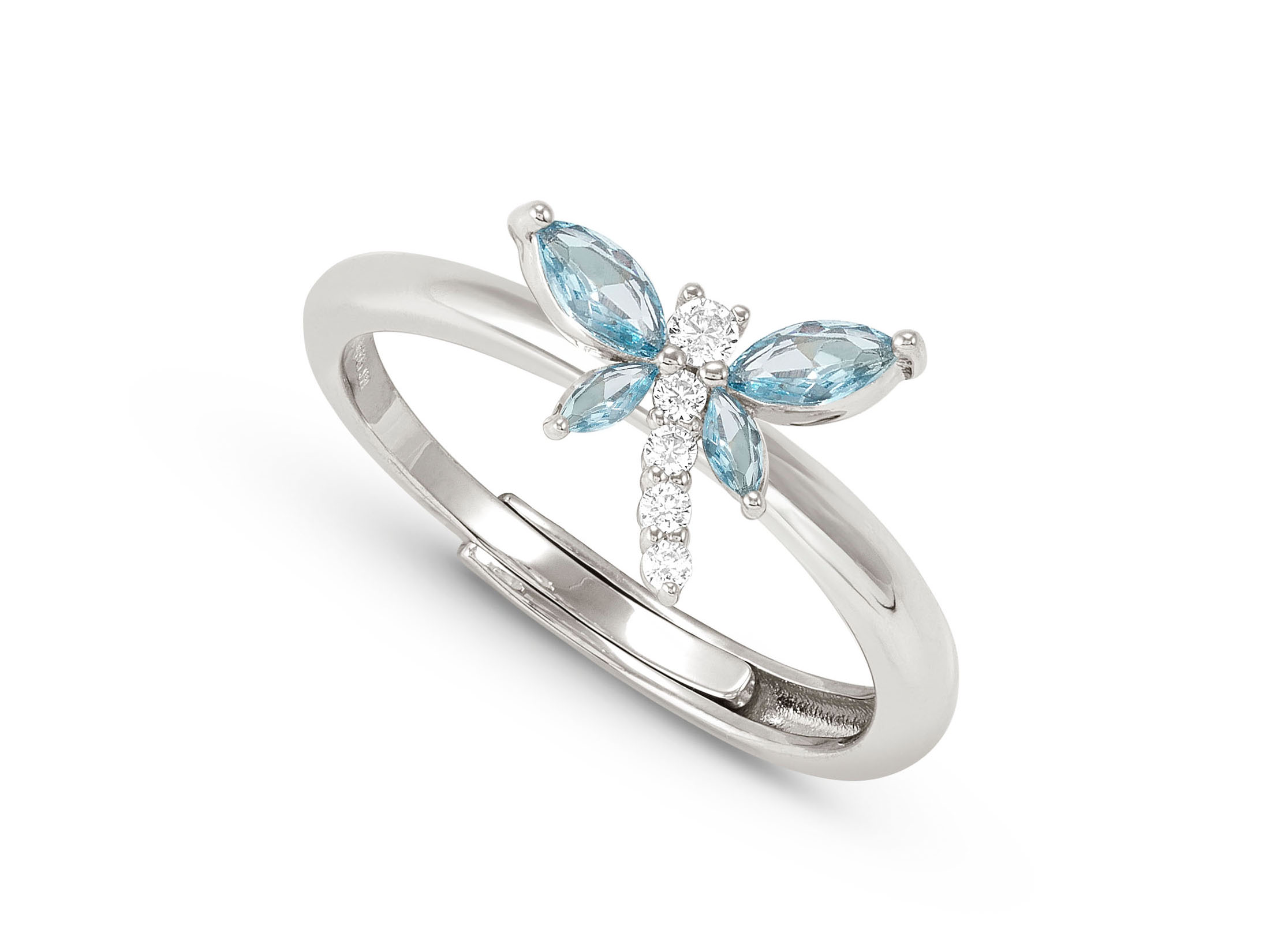 Ein eleganter Ring aus Sterling Silber mit einem Libellen-Motiv, verziert mit Zirkonia in Weiß und Hellblau. Der Ring ist in der Größe 51-59 verstellbar und eignet sich perfekt als modisches Accessoire.