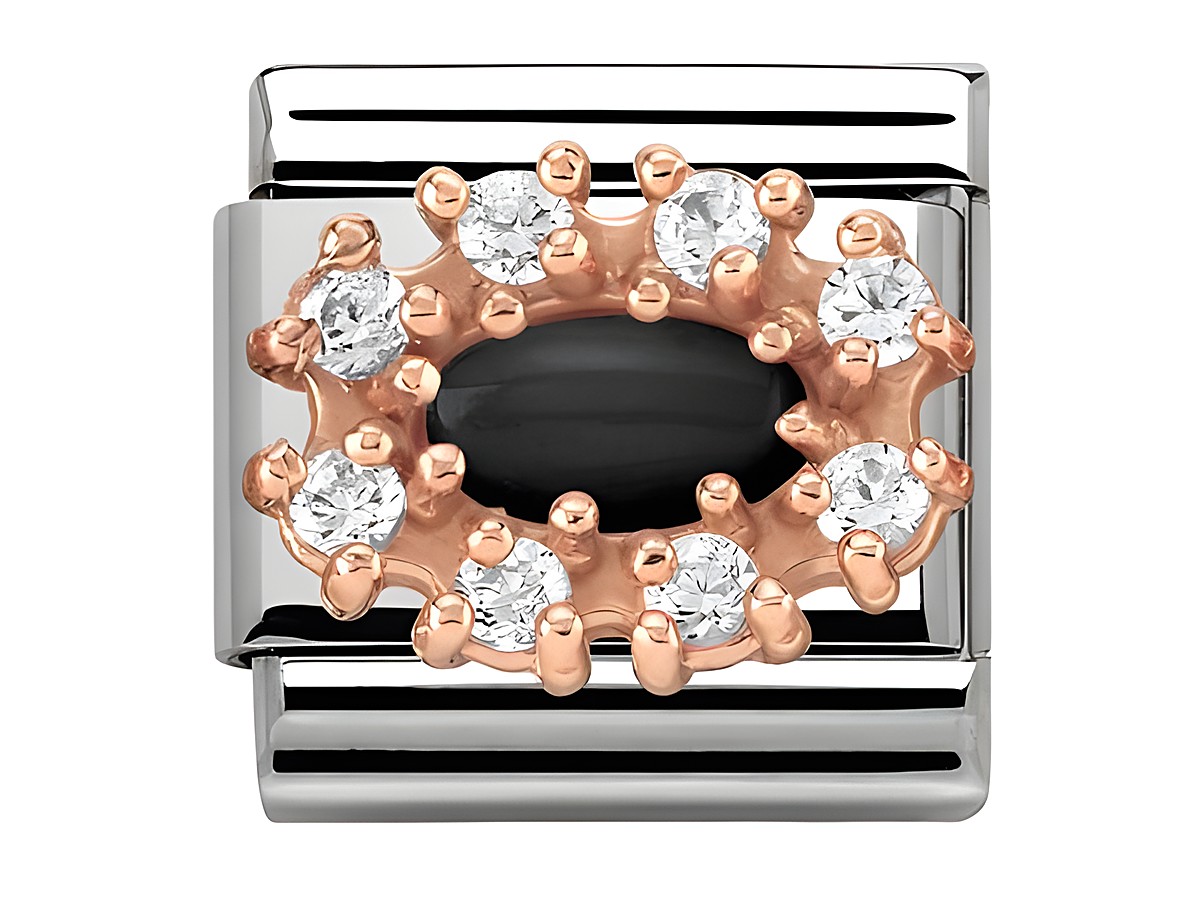 Das Bild zeigt ein elegantes Charm aus Roségold mit einem schwarzen Achat und Zirkonia-Steinen, hergestellt von Nomination, ideal für eine stilvolle Armbandgestaltung.