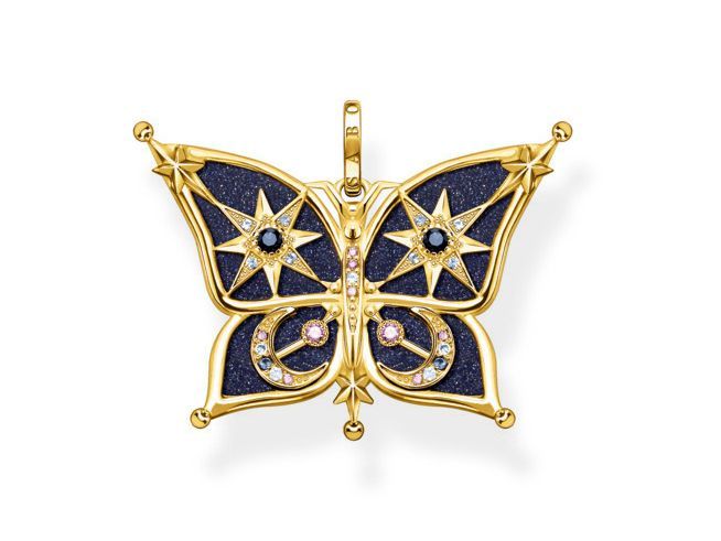 Thomas Sabo Schmetterling Anhänger aus Sterling Silber, vergoldet, mit Glas-Keramik und im Sandstein, verziert mit funkelnden Steinen und sternförmigen Mustern.