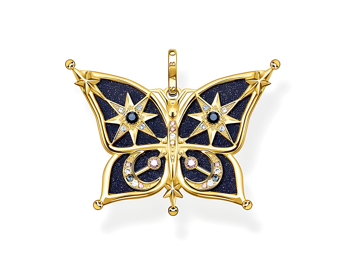 Thomas Sabo Schmetterling Anhänger aus Sterling Silber, vergoldet, mit Glas-Keramik und im Sandstein, verziert mit funkelnden Steinen und sternförmigen Mustern.
