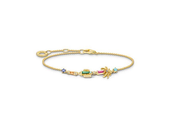 Silbernes Armband von Thomas Sabo mit goldvergoldeten Elementen und bunten Steinen, verziert mit Motiven wie einer Palme, erhältlich in der Größenverstellung von 16 bis 19 cm.