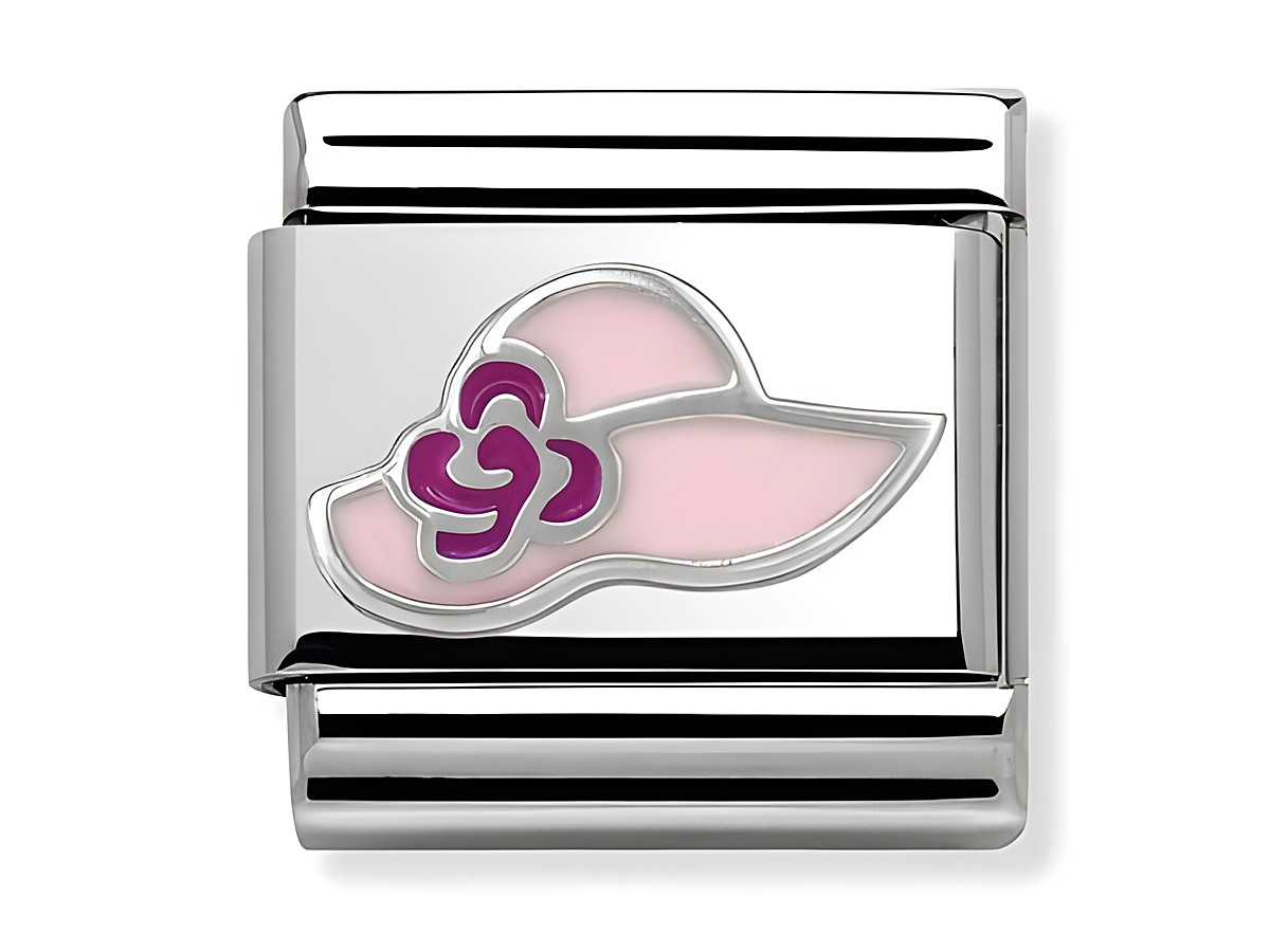 Ein silberner Charm von Nomination mit einem sommerlichen Hut-Design und einer blühenden Rose in lila und pink. Ideal für kreative Schmuckliebhaber und frühlingshafte Looks.