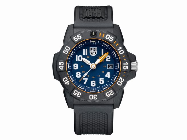 Luminox Sea XS.3503.NSF Herren Armbanduhr mit blauem Zifferblatt, orangefarbigen Akzenten und schwarzem Silikonarmband, 45 mm Gehäuse, robustes Design für den Wassersport.