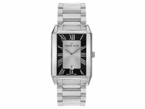 Die Pierre Petit Uhr P-860D aus Paris mit Quarz Werk hat ein rechteckiges Gehäuse, 5 ATM wasserdicht, 23x35 mm, und ein klassisches Ziffernblatt mit römischen Ziffern.