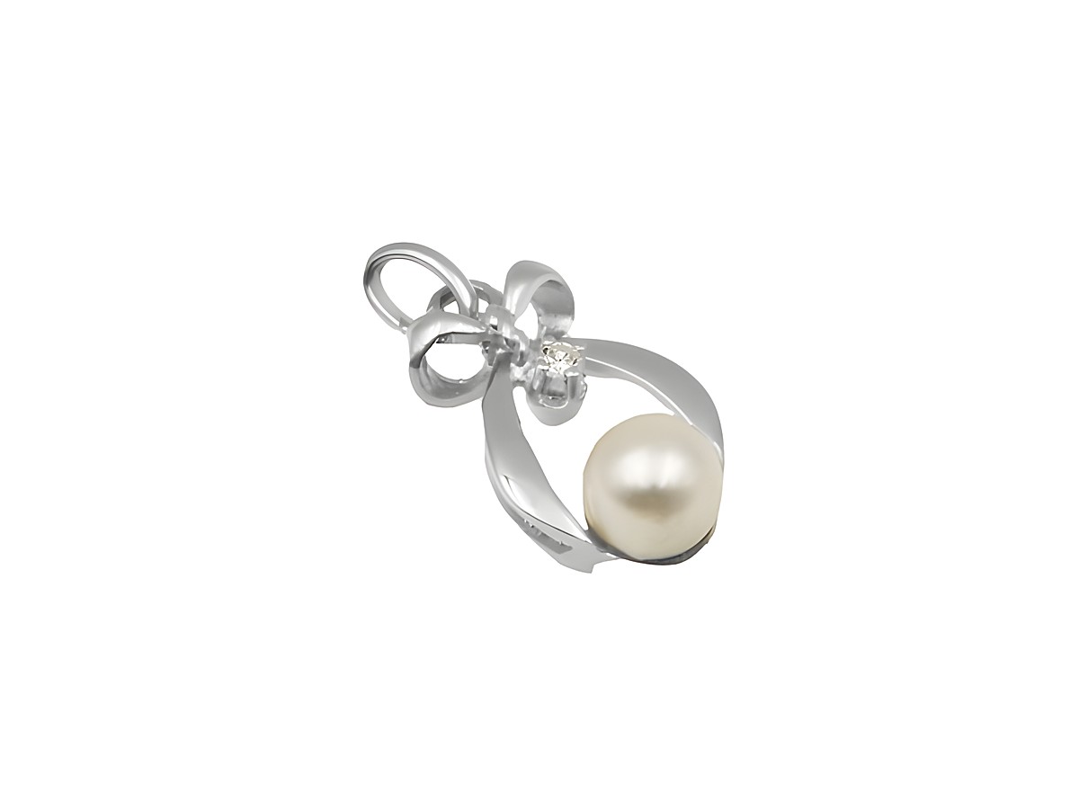 Schleifen Anhänger aus 585 Weißgold mit Diamant und polierter Zuchtperle, Hersteller Juwelier Harnisch, elegant und zeitlos, ideal für besondere Anlässe.