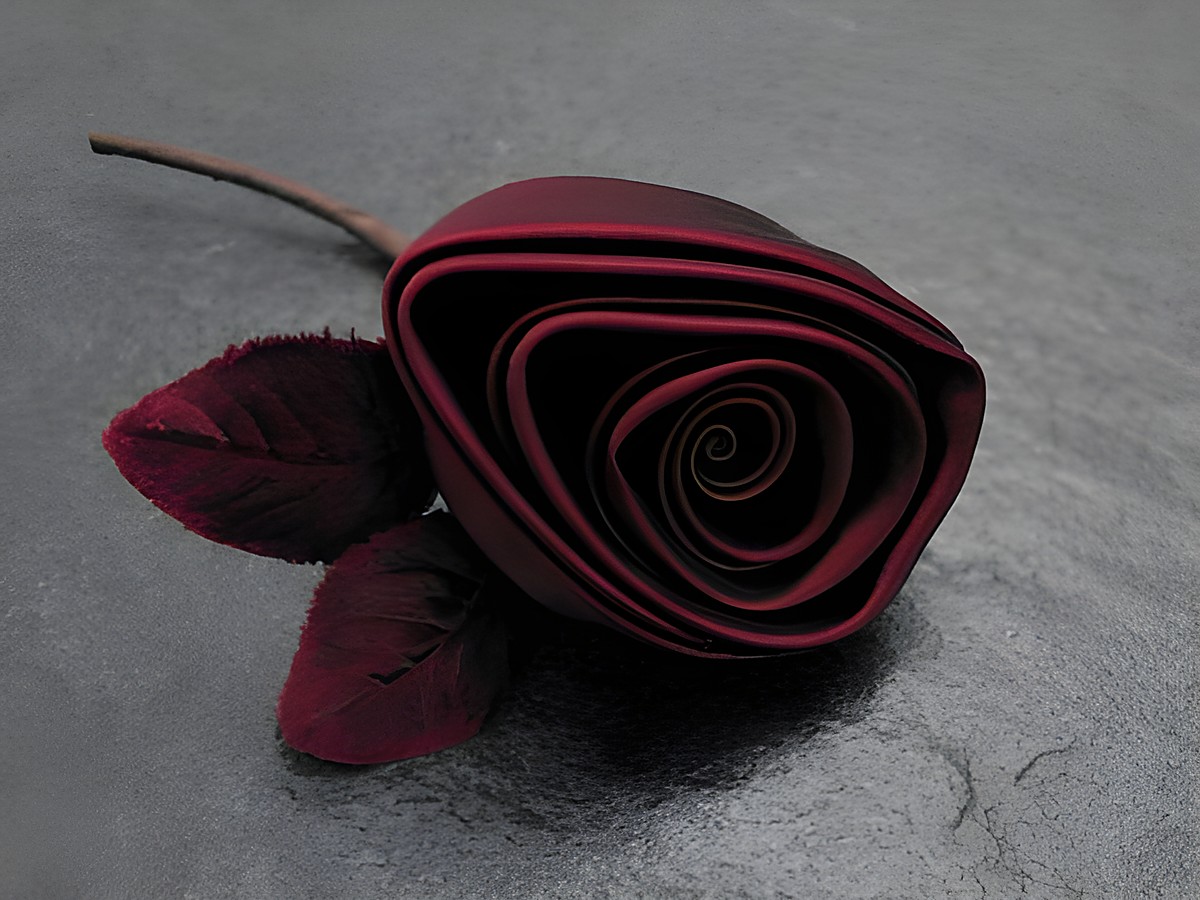 Haarschmuck und Brosche in Form einer bordeauxroten Satinrose mit zarten Blütenblättern und grünen Blättern, hergestellt von Juwelier Harnisch, ideal für edle Anlässe.
