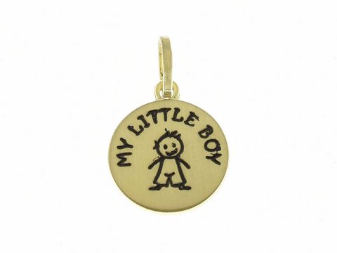 Anhänger My little Boy aus 925 Sterling Silber vergoldet mit der Aufschrift My little Boy und einer kindlichen Zeichnung eines Jungen, hergestellt von Juwelier Harnisch, ideal für Kinder.