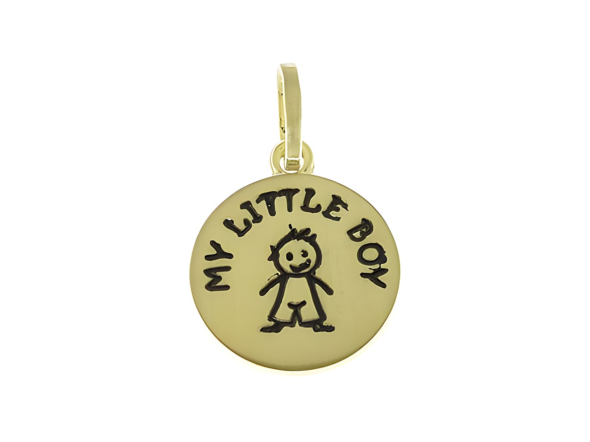 Anhänger My little Boy aus 925 Sterling Silber vergoldet mit der Aufschrift My little Boy und einer kindlichen Zeichnung eines Jungen, hergestellt von Juwelier Harnisch, ideal für Kinder.